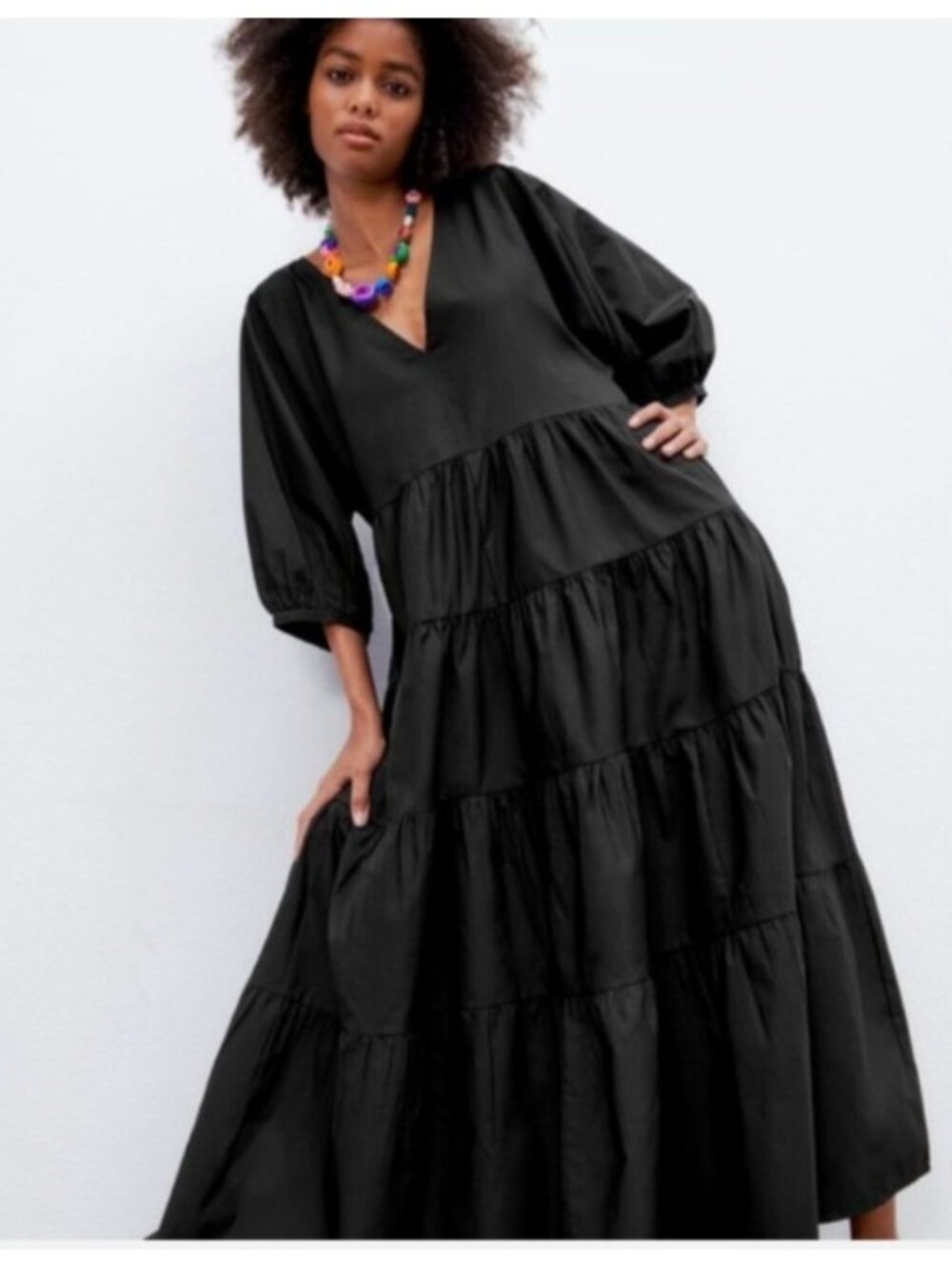 ZARA Black Tiered Maxi Dress Womens L US L Cotton Blend Puff Sleeve V Neck Boho
